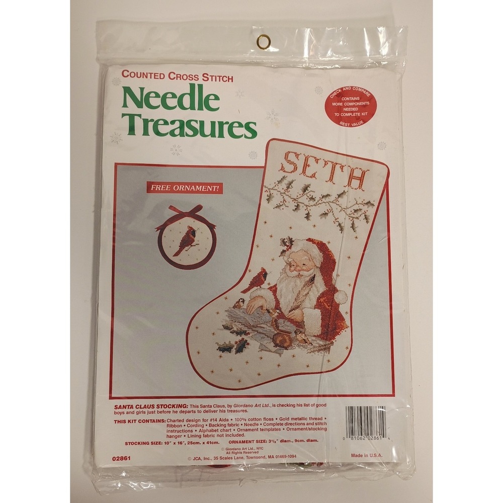 Needle Treasures 02861 Cross Stitch Santa Claus Christmas Stocking Kit Birds NEW